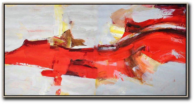 Extra Large Acrylic Painting On Canvas,Horizontal Palette Knife Contemporary Art Panoramic Canvas Painting,Large Wall Canvas,Red,Grey,Yellow.etc